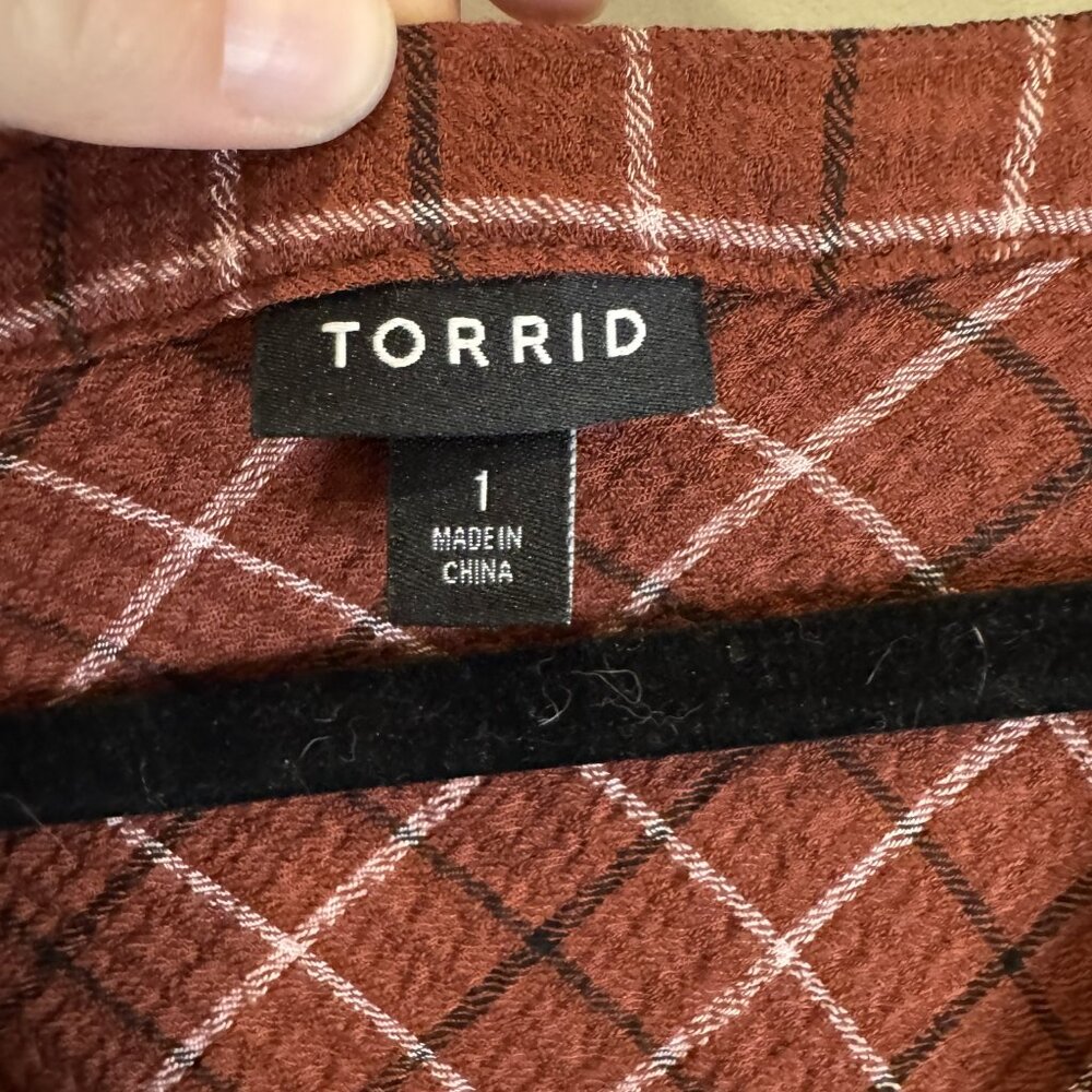 Torrid Brown Plaid Long-Sleeve Ruffle Blouse 1xl Crinkle Gauze Style EUC - Picture 4 of 9